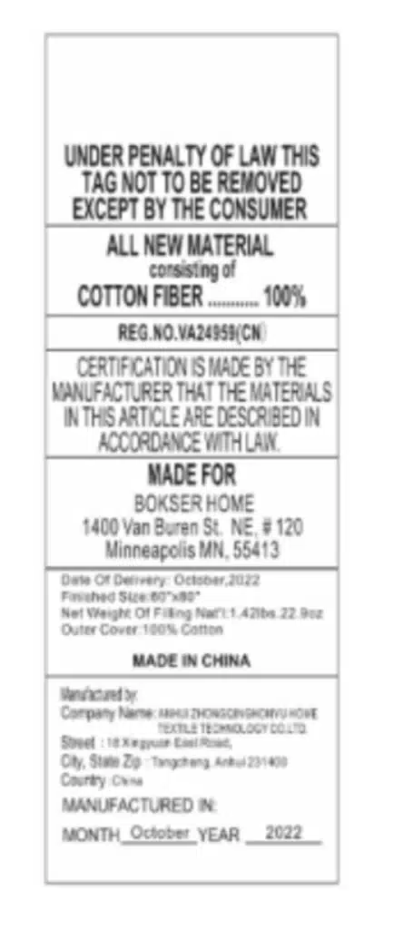 Recalled Mattress Pad Tag